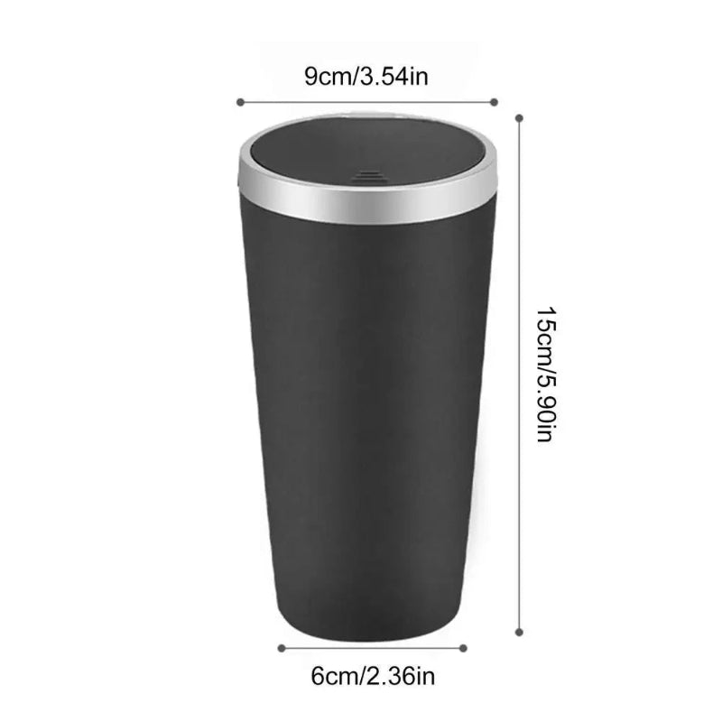 Black tumbler with dimensions labeled on a white background