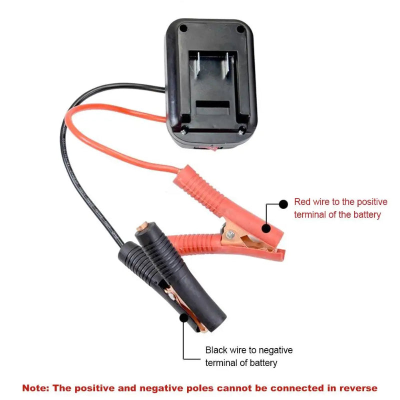 Jump starter cable with red and black wires labeled on a white background
