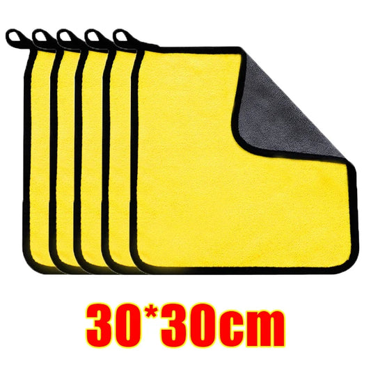 Set of yellow microfiber cloths with a black corner, size 30x30cm, on a white background.