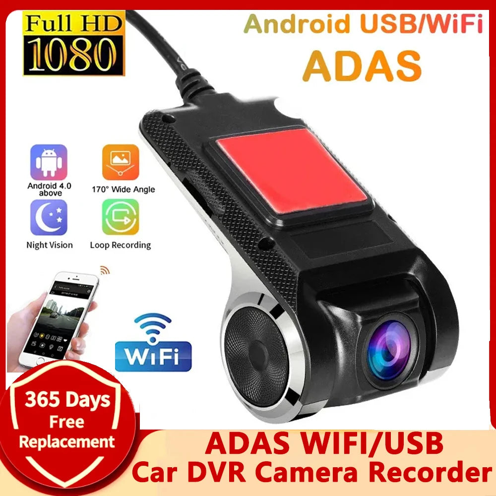 Car DVR camera recorder with USB/WiFi connectivity on a white background