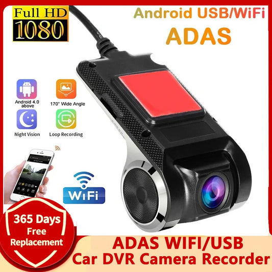 Car DVR camera recorder with USB/WiFi connectivity on a white background