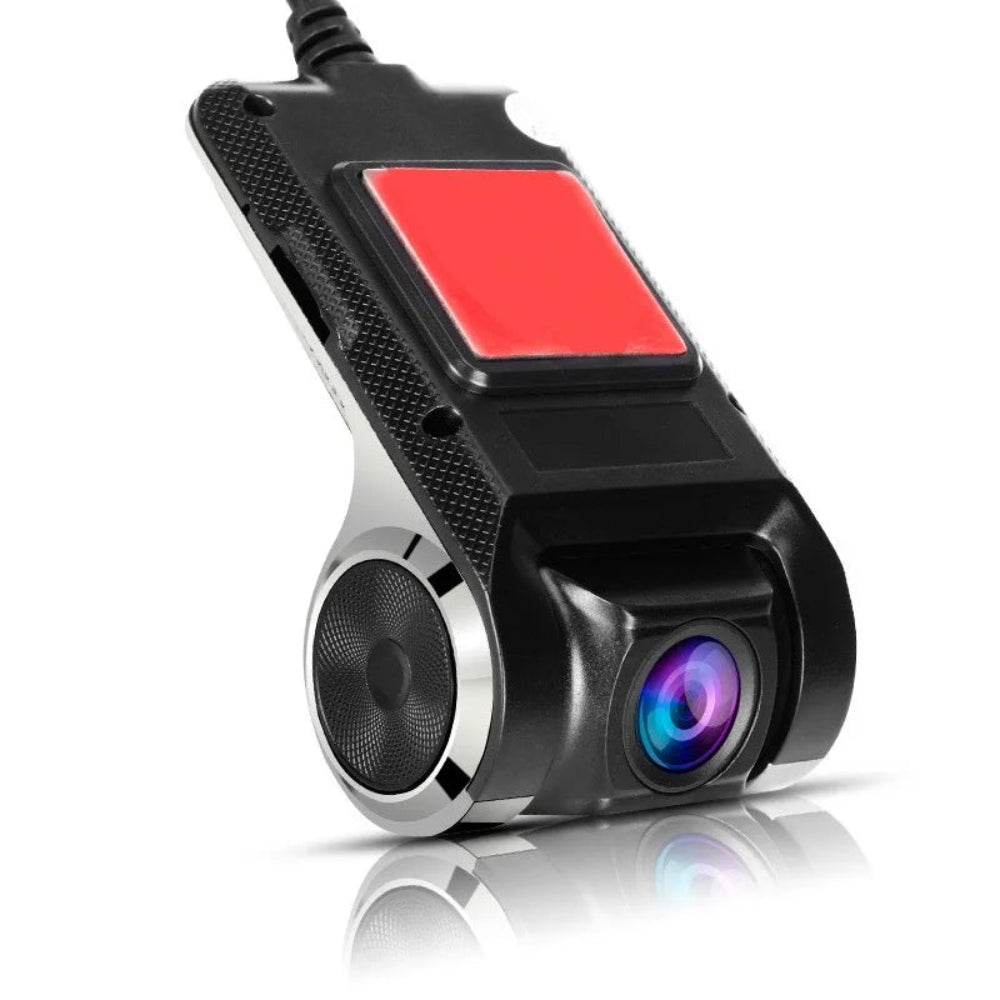 Car dashboard camera with red light on a white background
