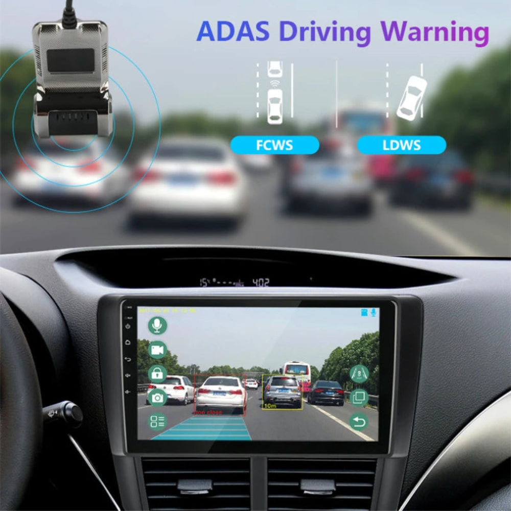 Car dashboard with ADAS driving warning system display, showing FCWS and LDWS functions.
