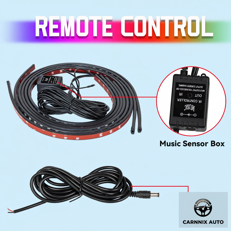 Car audio system components including a remote control, music sensor box, and cable on a light blue background.