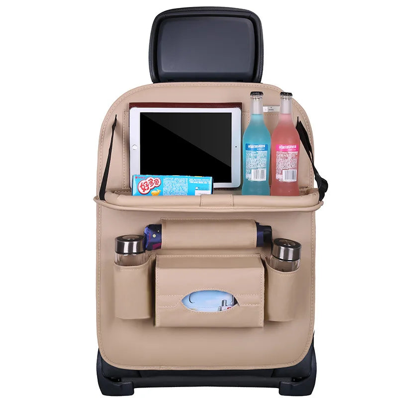 Car back seat organizer with tablet holder, snacks, and drinks on a white background