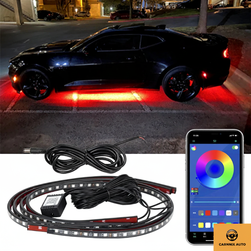 Car with LED strip lights and smartphone app interface on a white background