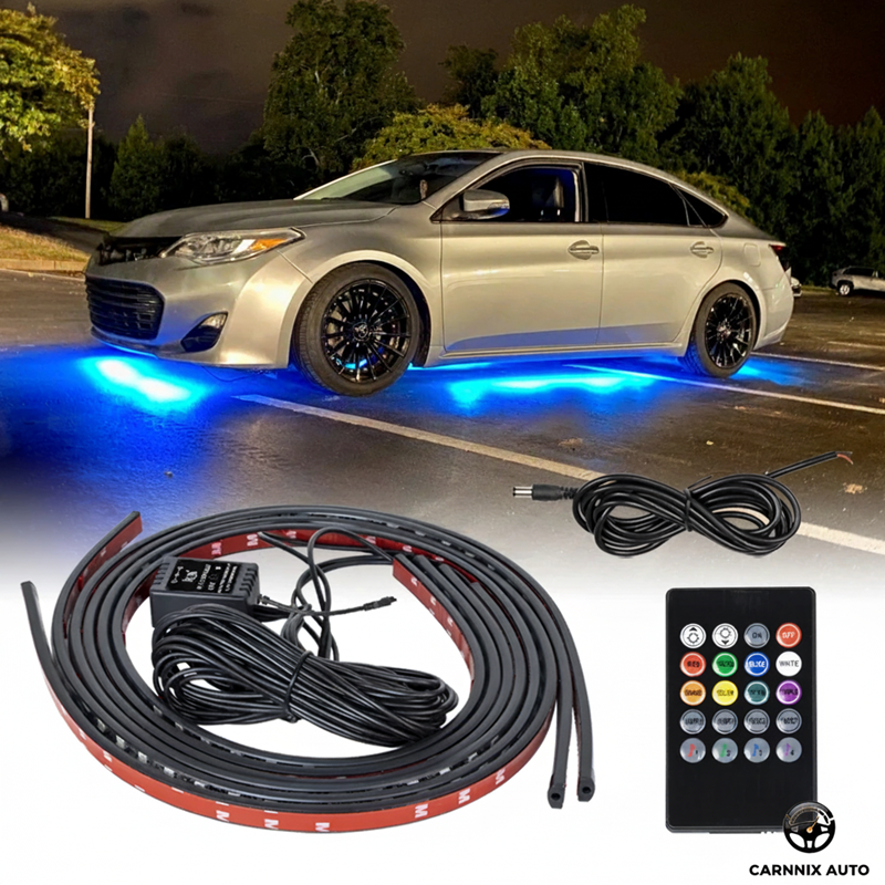 Car with underglow LED lighting system and accessories on a white background
