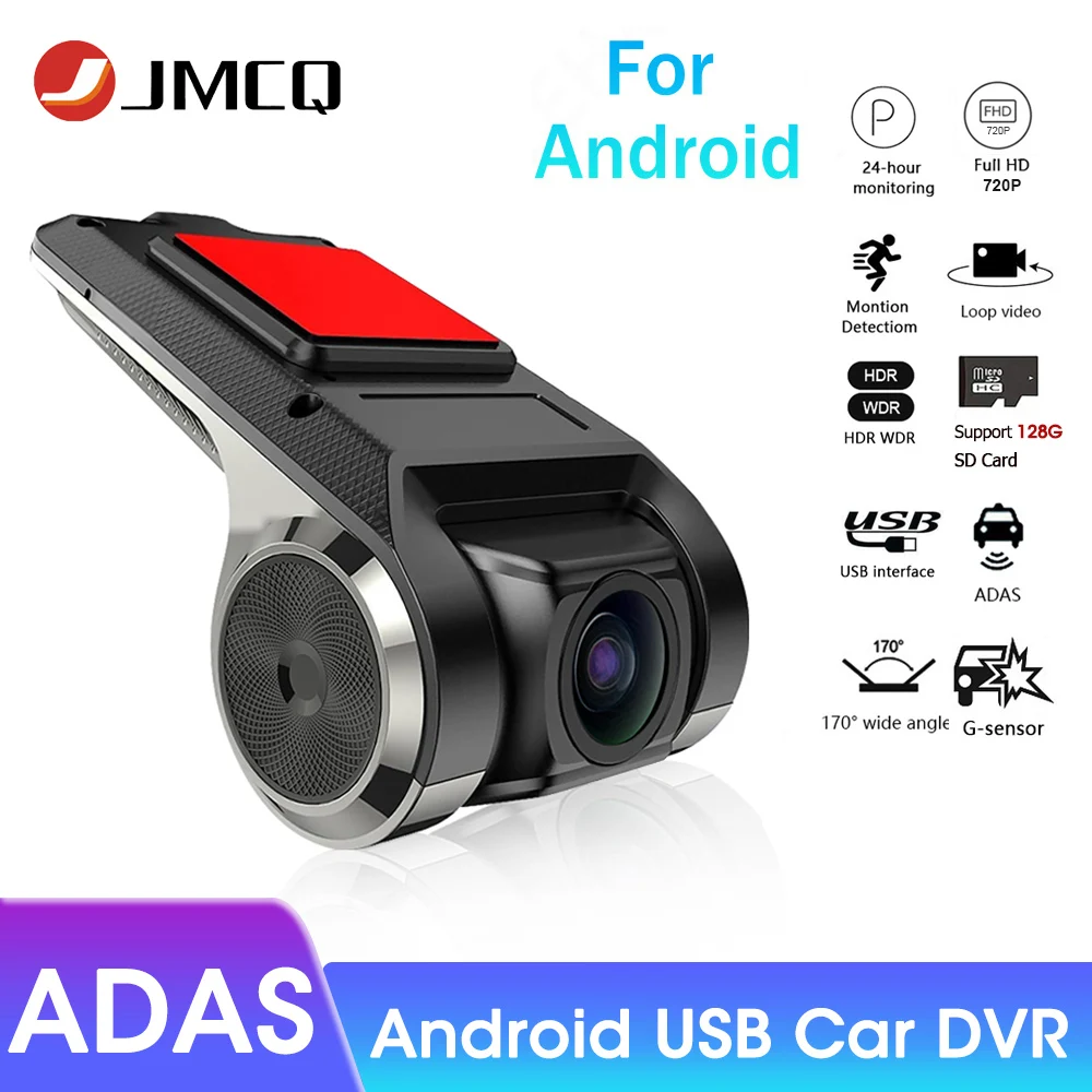 JMCQ Android USB Car DVR with features listed on a white background