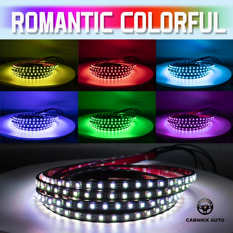 LED strip lights displaying various colors with 'ROMANTIC COLORFUL' text and CARNNIX AUTO branding.