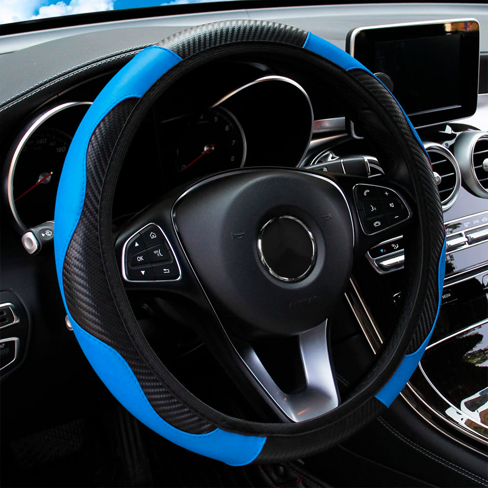 "Carbon Fiber Steering Wheel Cover – PU Leather, 14.5-15 Inch Universal Fit"