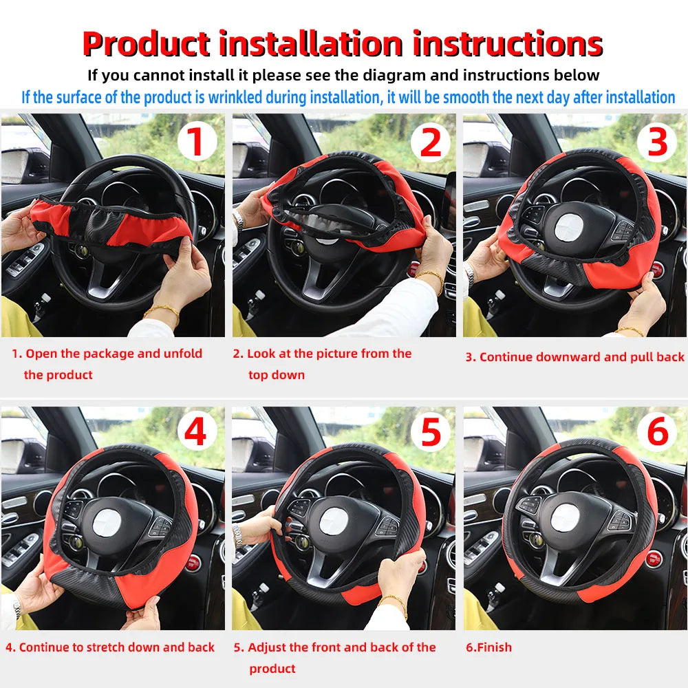 "Carbon Fiber Steering Wheel Cover – PU Leather, 14.5-15 Inch Universal Fit"