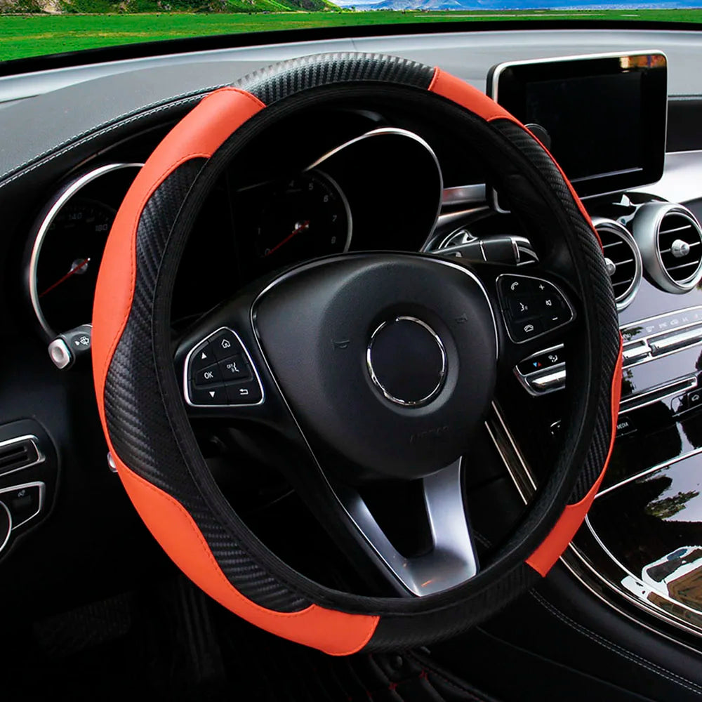 "Carbon Fiber Steering Wheel Cover – PU Leather, 14.5-15 Inch Universal Fit"