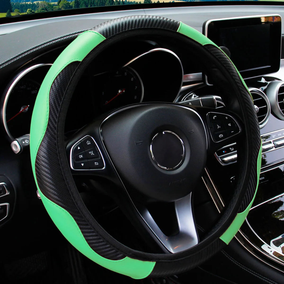 "Carbon Fiber Steering Wheel Cover – PU Leather, 14.5-15 Inch Universal Fit"