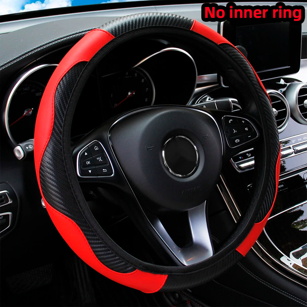 "Carbon Fiber Steering Wheel Cover – PU Leather, 14.5-15 Inch Universal Fit"