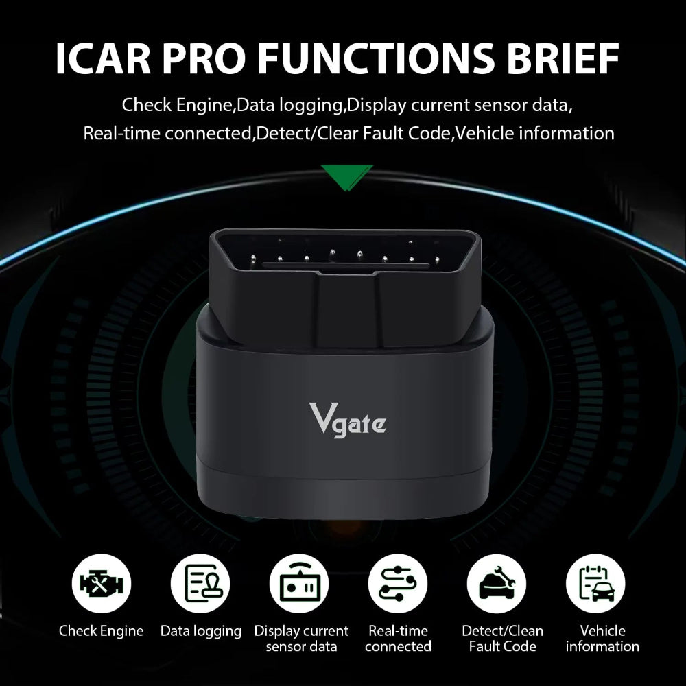Vgate iCar Pro 2S functions – check engine, data logging, real-time sensor data, detect and clear fault codes – car accessories