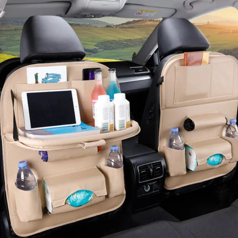 Car back seat organizer with tablet, drinks, and snacks in a vehicle.